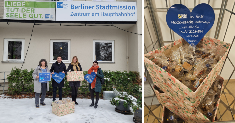 Übergabe von 400 Weihnachtstütchen an die Berliner Stadtmission, . Astrid Gude, Teamleitung Fundraising, und Sabine Bommersheim, verantwortlich für den Spendenservice, nahmen diese dankbar in Empfang.